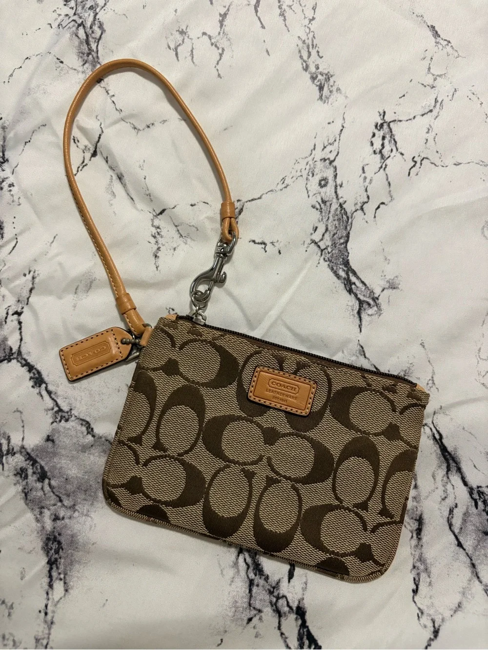 Coach Brown Signature Canvas Wristlet with Tan Leather Trim